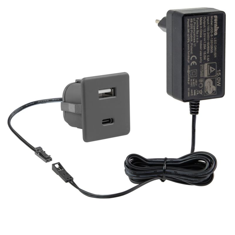Ładowarka meblowa FURNIKA USB-A + USB-C wpuszczana do płyty czarna 1szt.
