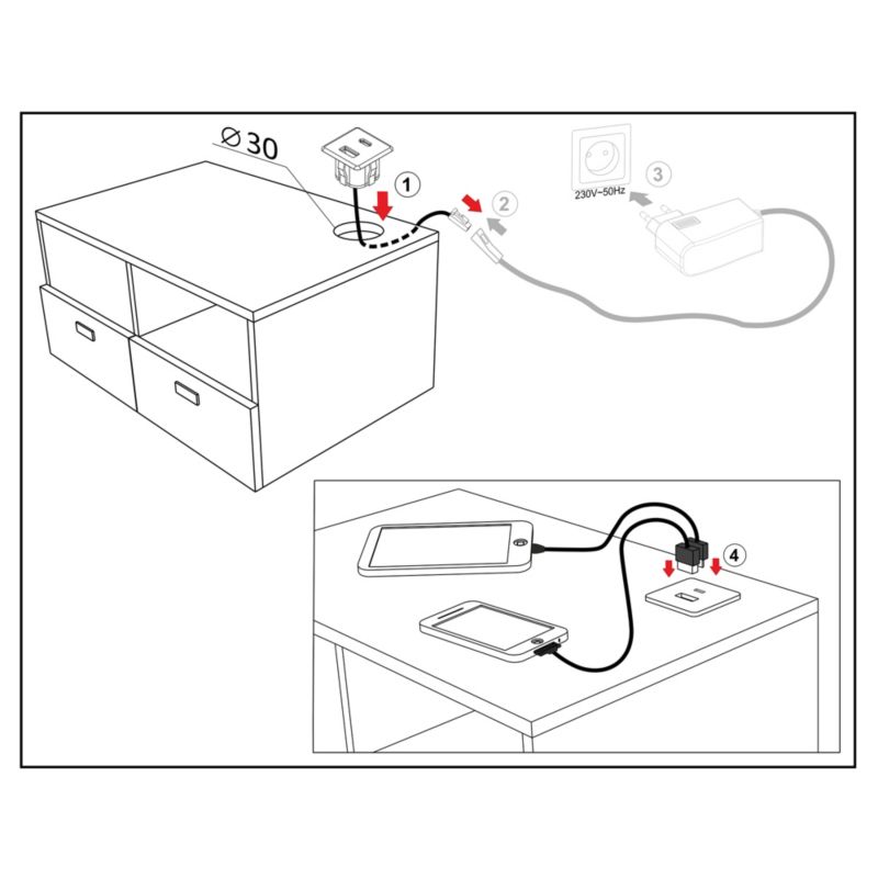 Ładowarka meblowa FURNIKA USB-A + USB-C wpuszczana do płyty czarna 1szt.