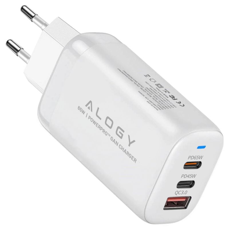 Ładowarka sieciowa 1 szt. Szybka 3w1 do telefonu GaN3 65W PD QC, 2x USB-C 65W + USB-A 30W Alogy GaNCharge Compact Biała