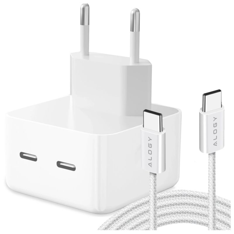Ładowarka sieciowa 1szt. szybka 35W 2x USB-C USB typ C PD do iPhone + 1 szt. kabel type-C 1m Alogy Biała