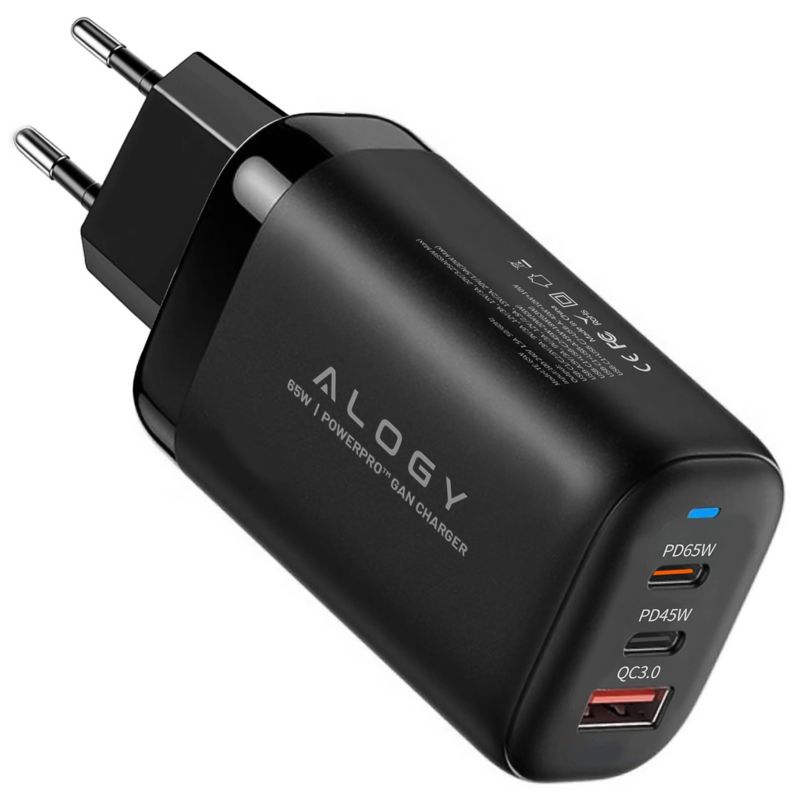 Ładowarka sieciowa 1szt. Szybka 3w1 do telefonu GaN3 65W PD QC, 2x USB-C 65W + USB-A 30W Alogy GaNCharge Compact Czarna