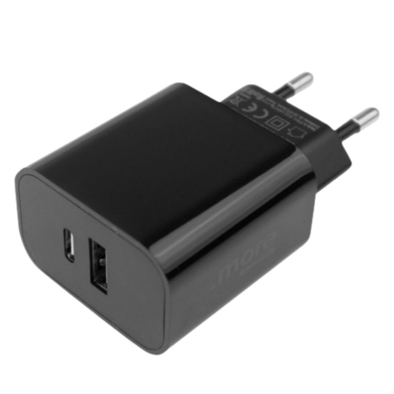Ładowarka Sieciowa Eco-Light 20W Usb-C + Usb A Czarna Szybkie Ładowanie 1szt.