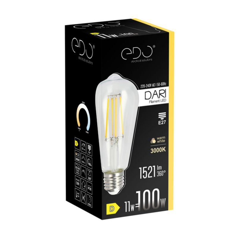Żarówka dekoracyjna Edo Dari LED Filament 11W, E27, 3000K, 1521lm, 230V, CLEAR ST64, EDO777626  1 szt.