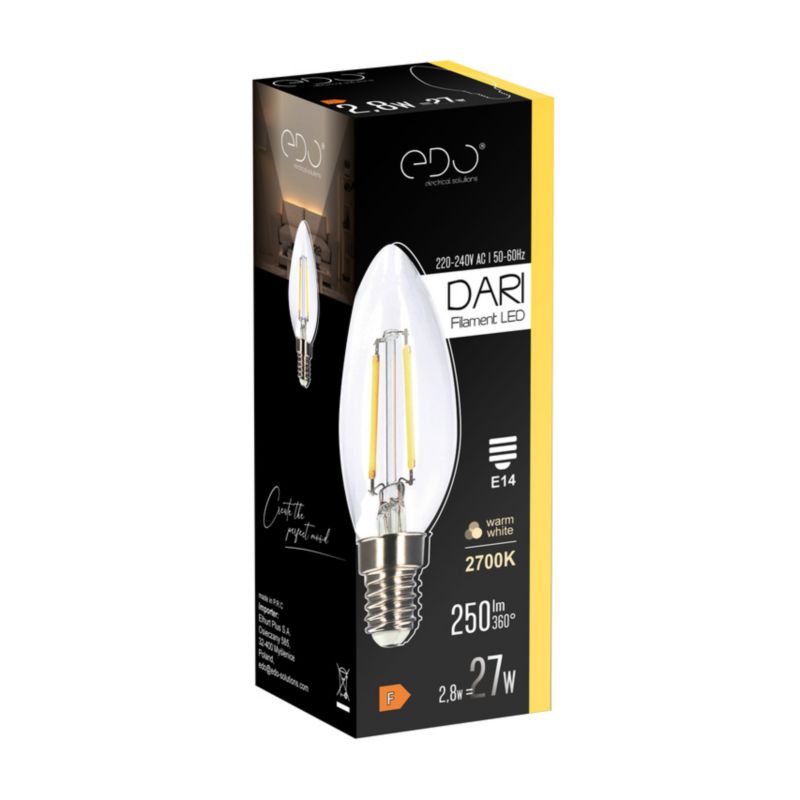 Żarówka dekoracyjna Edo Dari LED Filament 2,8W, E14, 2700K, 250lm, 230V, CLEAR C35, EDO777621  1 szt.