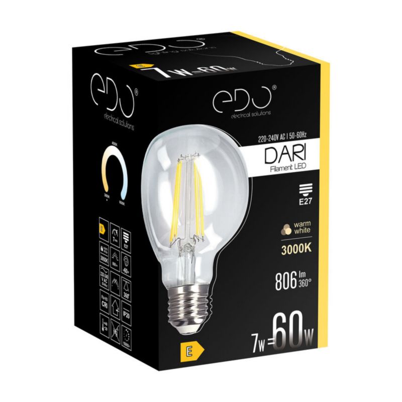 Żarówka dekoracyjna Edo Dari LED Filament, 7W, E27, 3000K, 806lm, 230V, CLEAR G80, EDO777631  1 szt.