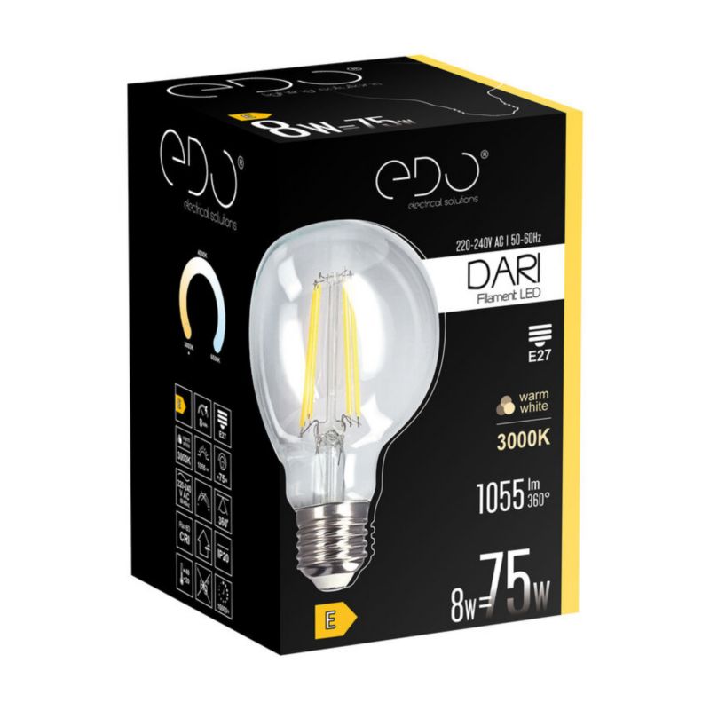 Żarówka dekoracyjna Edo Dari LED Filament 8W, E27, 3000K, 1055lm, 230V, CLEAR G80, EDO777633  1 szt.