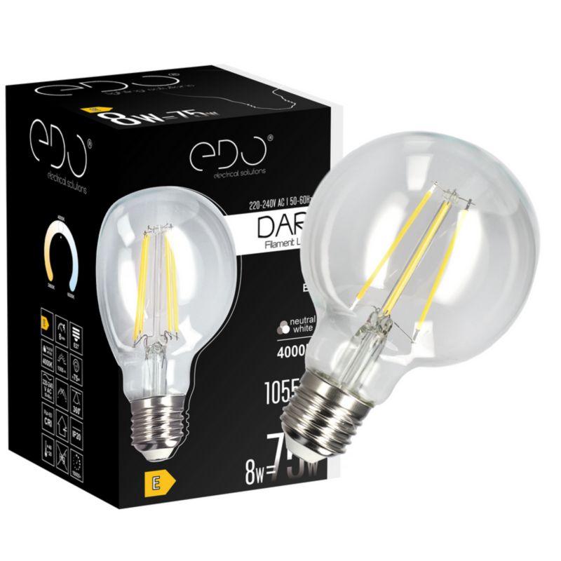 Żarówka dekoracyjna Edo Dari LED Filament 8W, E27, 4000K, 1055lm, 230V, CLEAR G80, EDO777634  1 szt.