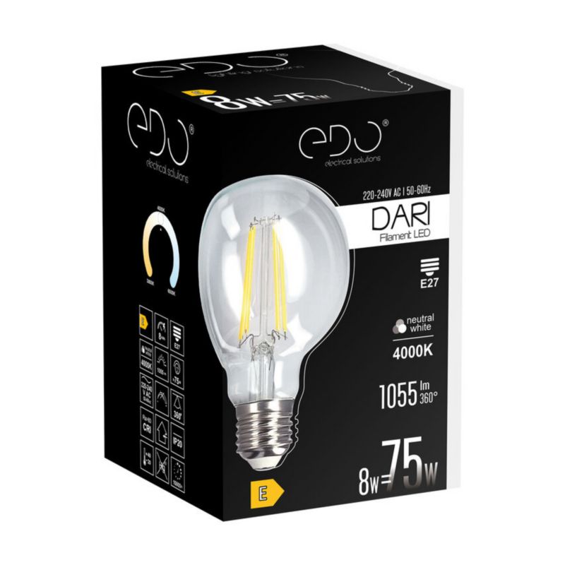 Żarówka dekoracyjna Edo Dari LED Filament 8W, E27, 4000K, 1055lm, 230V, CLEAR G80, EDO777634  1 szt.