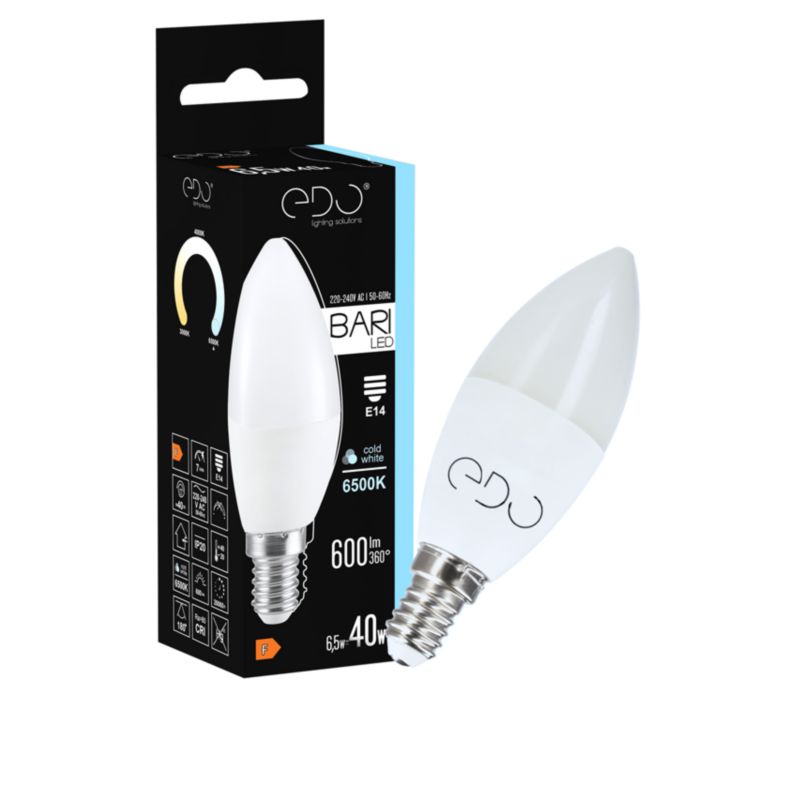 Żarówka Edo Bari LED 6,5W CW świeczka, E14, 6500K, 600lm, 220-240V EDO777664  1 szt.