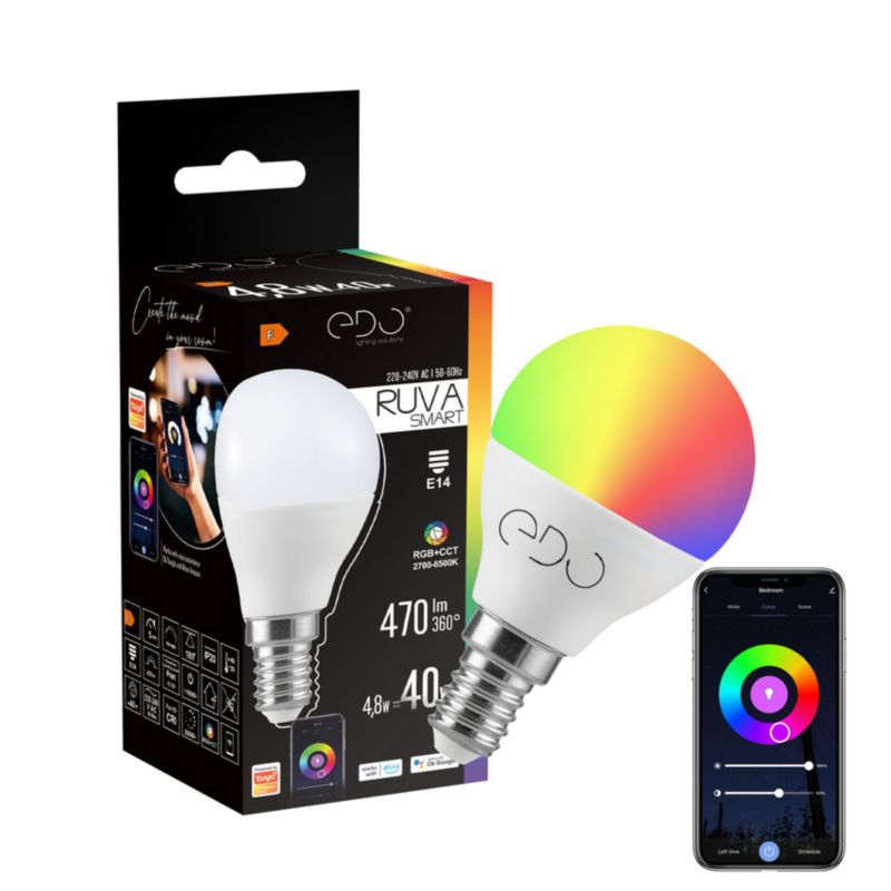 Żarówka Edo Ruva Smart WiFi RGB+CCT LED 4,8W, E14 kulka, 2700K-6500K ...