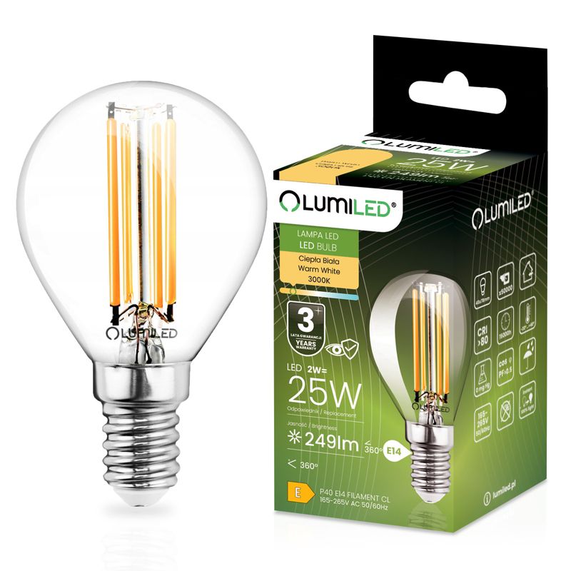 Żarówka LED Lumiled E14 Kulka P45 2W 249lm 3000K 360st Filament 1 szt.