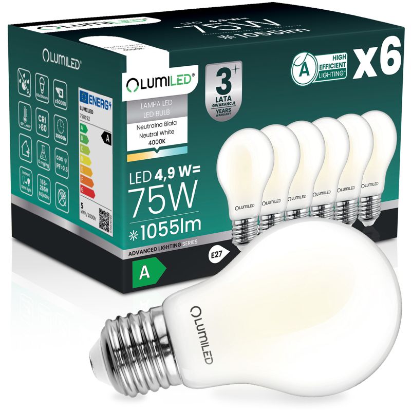 Żarówka LED Lumiled E27 A60 4,9W 1055lm 4000K 360st Filament Klasa A 6 szt.