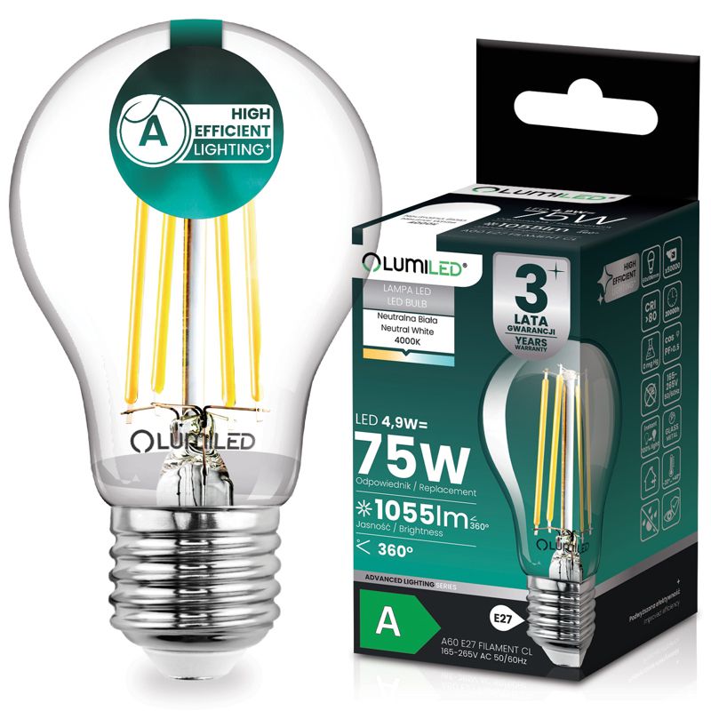 Żarówka LED Lumiled E27 A60 4.9W 1055lm 4000K 360st Filament Przeźroczysta Klasa A 1 szt.
