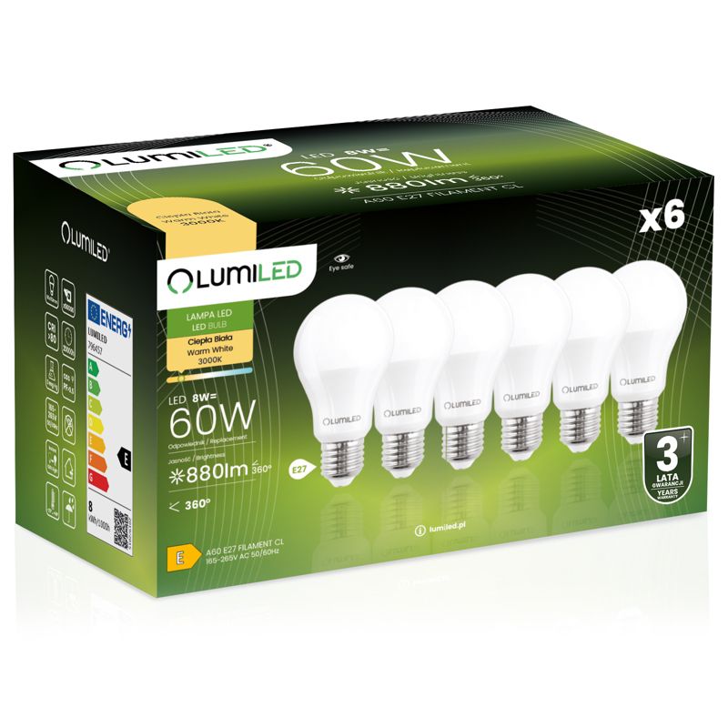Żarówka LED Lumiled E27 A60 8W 880lm 3000K 260st 6 szt.