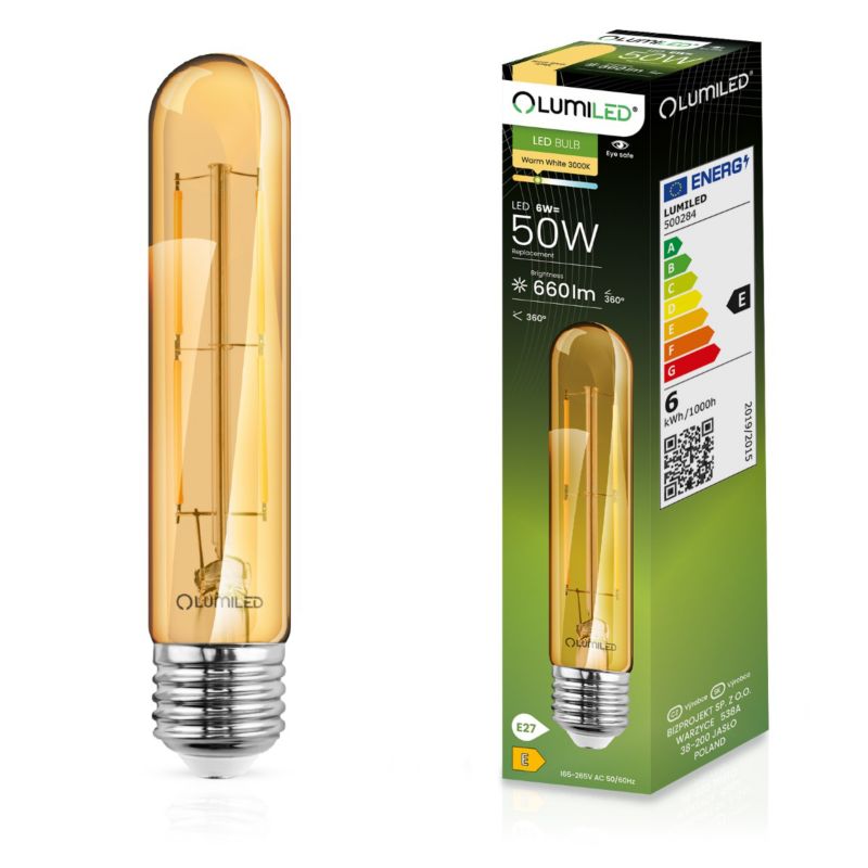 Żarówka LED Lumiled E27 Dekoracyjna Tubularna T30 6W 660lm 2000K 360st Bursztynowa Filament 1 szt.