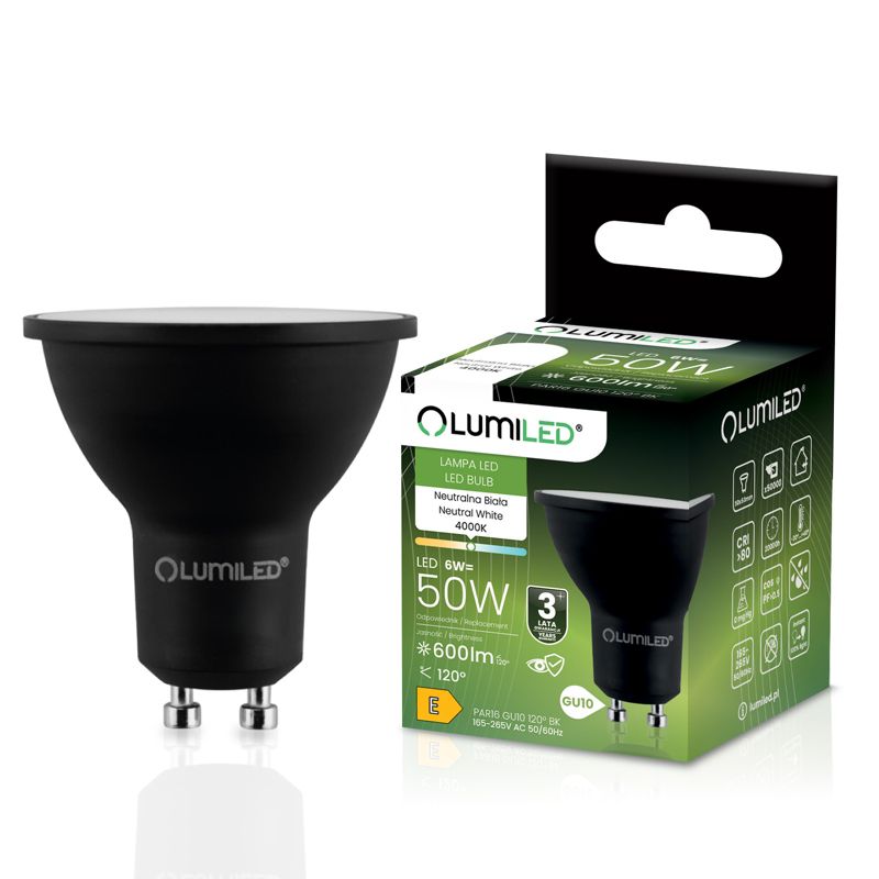 Żarówka LED Lumiled GU10 Reflektor PAR16 6W 600lm 4000K 120st Czarna 1 szt.