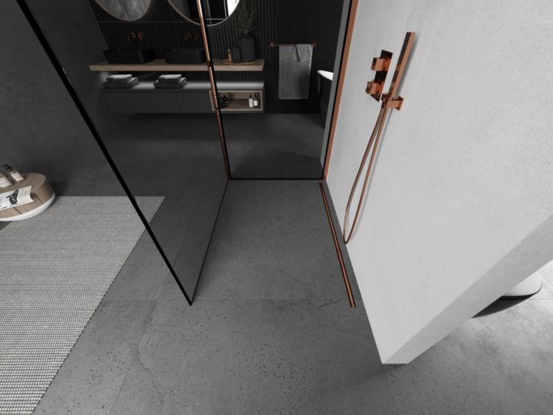 Ścianka prysznicowa walk-in Mexen Kioto czarny wzór/ różowe złoto 90x70 cm 1 szt.