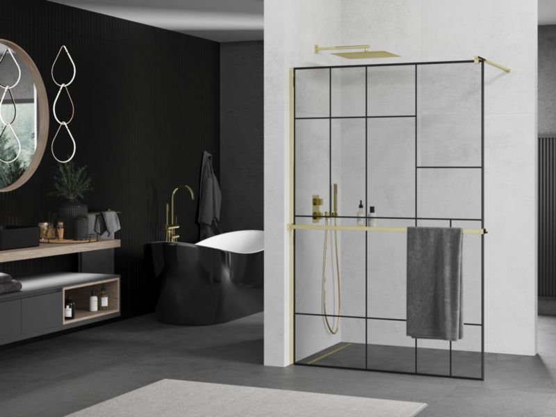 Ścianka prysznicowa Walk-in Mexen Kioto+ czarny wzór/złoty 130 x 200 cm 1 szt.