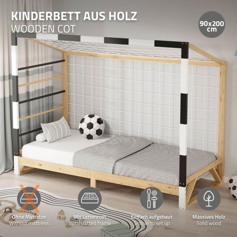 ML Designová dětská postel házenkářská branka 90x200 cm borovicové dřevo s žebříkem a sítí jednoduchý rám na hraní 1 ks.
