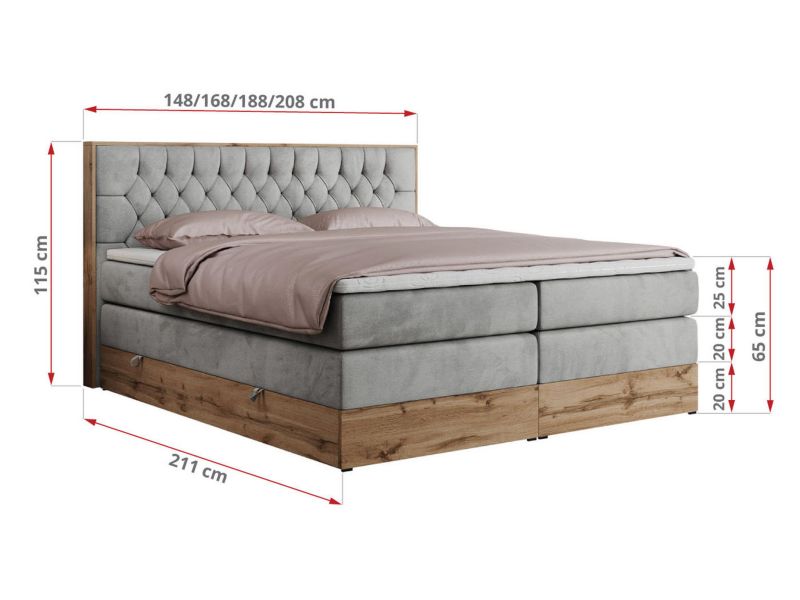Łóżko kontynentalne MKS Meble AMORE KING 200x200 H4 jasnoszary welwet 1szt.