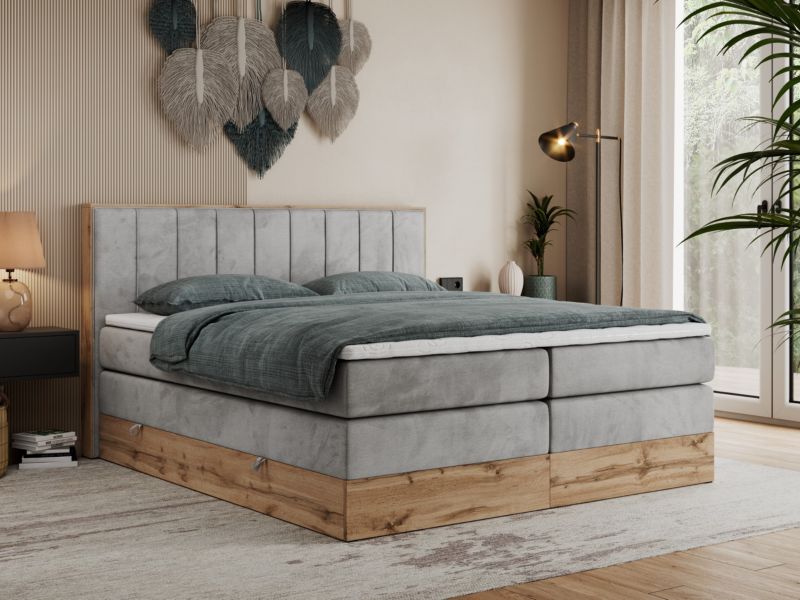 Łóżko kontynentalne MKS Meble BELLISSIMO KING 200x200 H4 jasnoszary welwet 1szt.