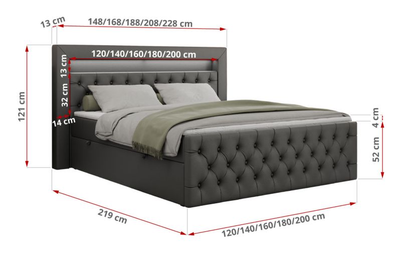 Łóżko kontynentalne MKS Meble GOLD 9 140x200 H3 Ciemnoszary ecoskóra 1szt.