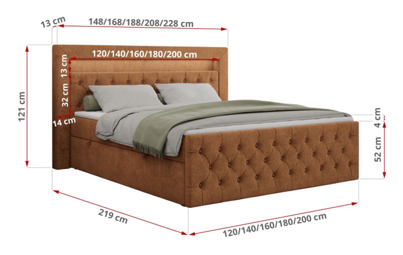 Łóżko kontynentalne MKS Meble GOLD 9 140x200 H3 Pomarańczowy struktura 1szt.