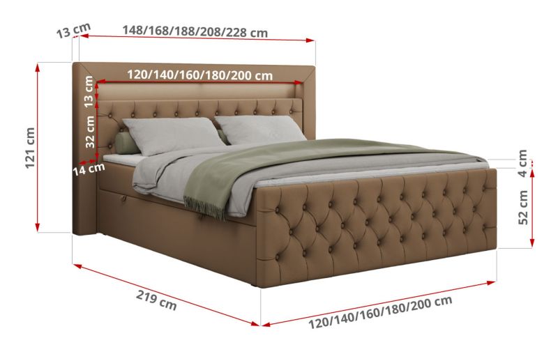 Łóżko kontynentalne MKS Meble GOLD 9 140x200 H4 Brązowy ecoskóra 1szt.