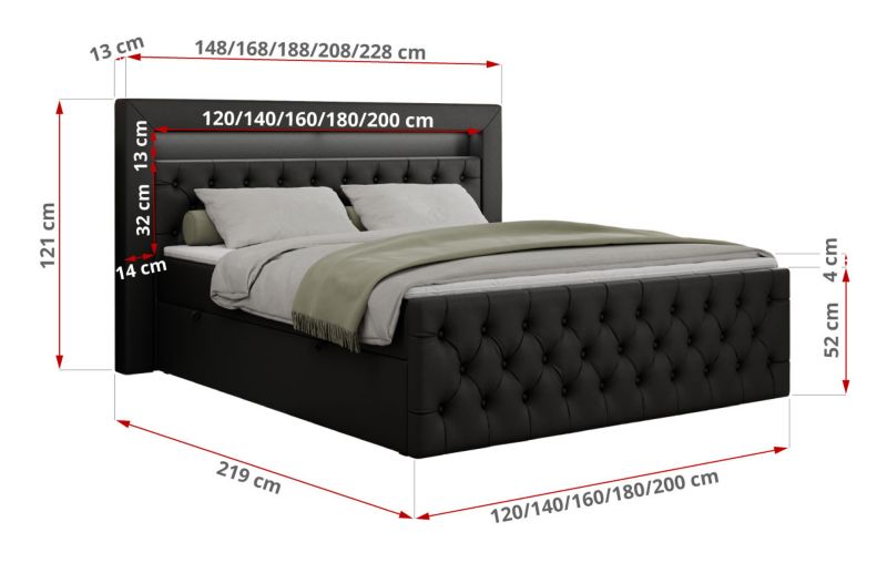 Łóżko kontynentalne MKS Meble GOLD 9 200x200 H4 Czarny ecoskóra 1szt.