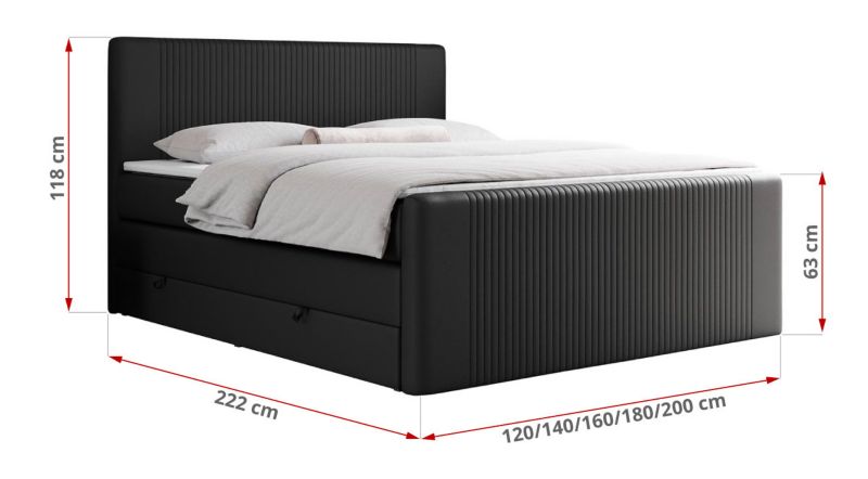 Łóżko kontynentalne MKS Meble KING DOREN 140x200 H4 czarny ekoskóra 1szt.