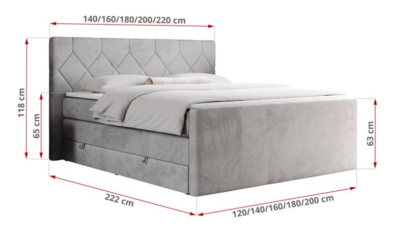 Łóżko kontynentalne MKS Meble KING EIGAR 140x200 H4 jasnoszary welwet 1szt.
