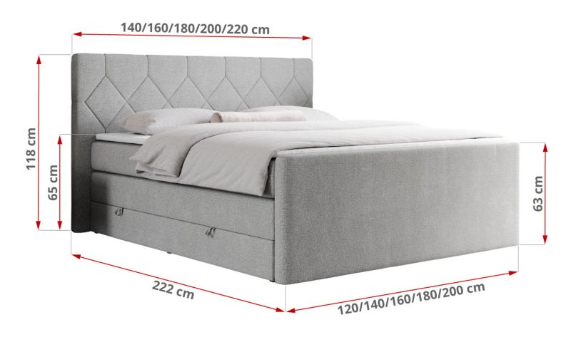 Łóżko kontynentalne MKS Meble KING EIGAR 180x200 H4 jasnoszary struktura 1szt.