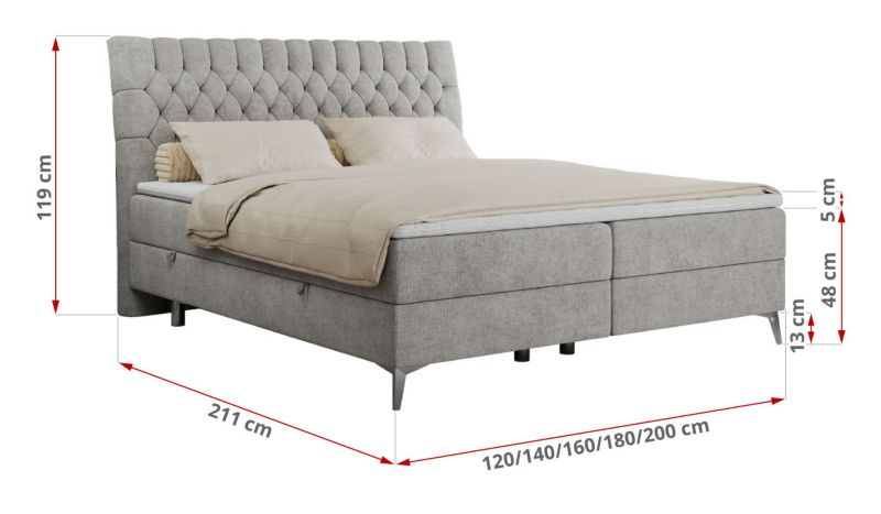 Łóżko kontynentalne MKS Meble MILEN 180x200 H4 jasnoszary struktura 1szt.