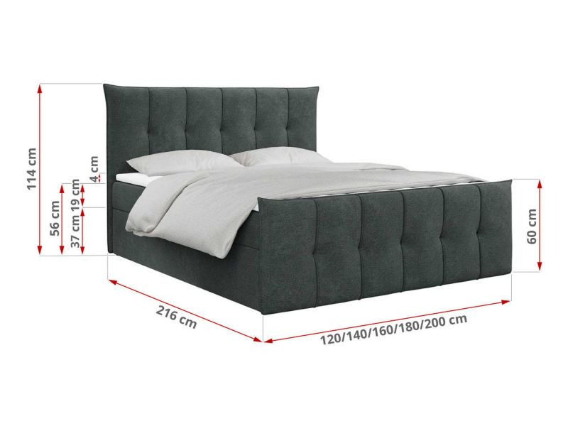 Łóżko kontynentalne MKS Meble PREMIUM 11 180x200 H3 Ciemnoszary struktura 1szt.