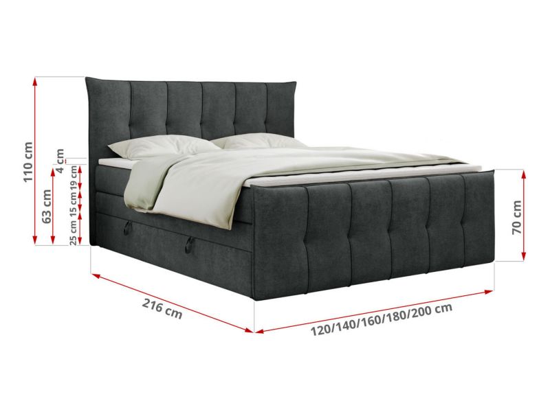 Łóżko kontynentalne MKS Meble PREMIUM 11 KING 120x200 H3 Ciemnoszary struktura 1szt.