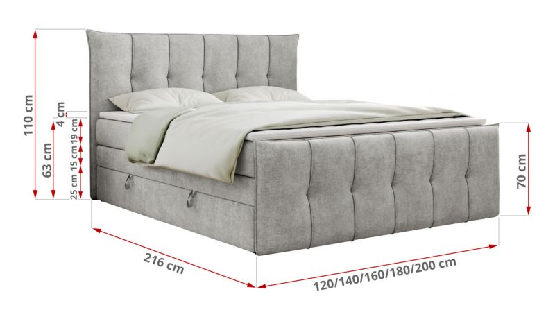 Łóżko kontynentalne MKS Meble PREMIUM 11 KING 120x200 H4 Jasnoszary struktura 1szt.
