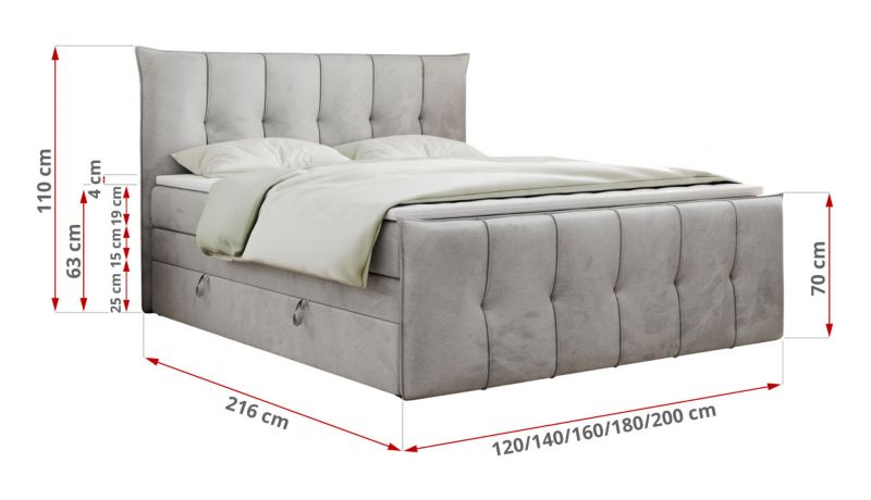 Łóżko kontynentalne MKS Meble PREMIUM 11 KING 120x200 H4 Jasnoszary welvet 1szt.