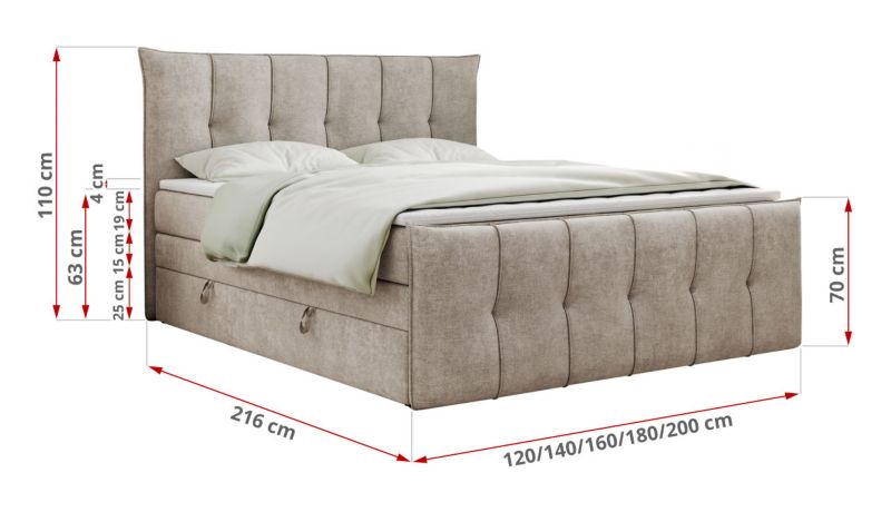 Łóżko kontynentalne MKS Meble PREMIUM 11 KING 140x200 H3 Beżowy struktura 1szt.