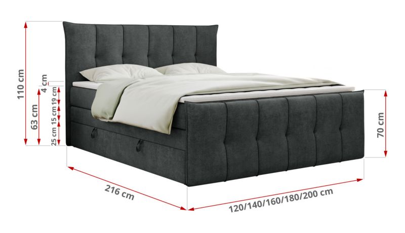 Łóżko kontynentalne MKS Meble PREMIUM 11 KING 140x200 H4 Ciemnoszary struktura 1szt.