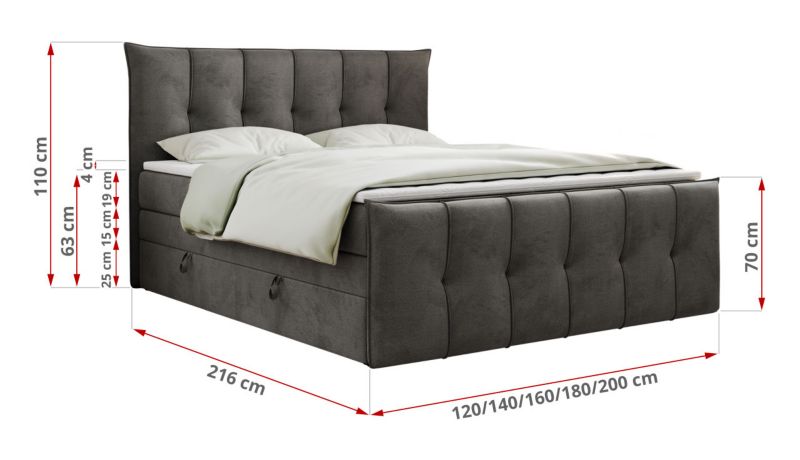 Łóżko kontynentalne MKS Meble PREMIUM 11 KING 200x200 H4 Ciemnoszary welvet 1szt.