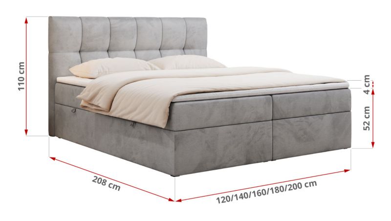 Łóżko kontynentalne MKS Meble RICO 140x200 H3 Jasnoszary welvet 1szt.