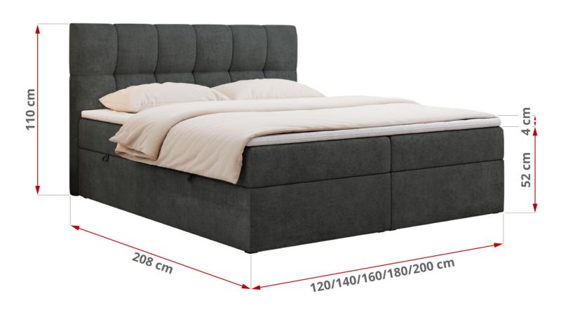 Łóżko kontynentalne MKS Meble RICO 200x200 H4 Ciemnoszary struktura 1szt.