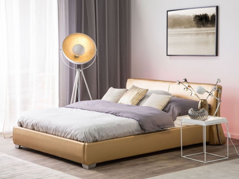 Łóżko LED Paris 180 x 200 cm LED Skóra naturalna Złoty 1 szt.