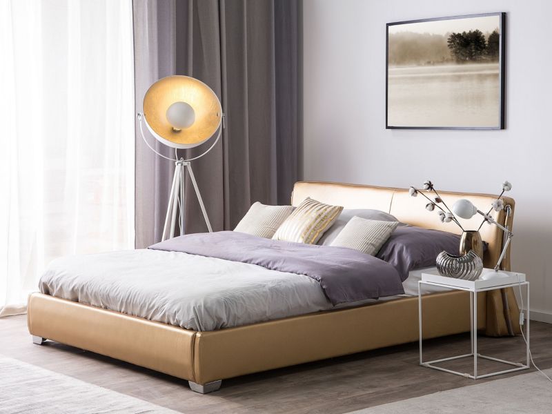 Łóżko LED Paris 180 x 200 cm LED Skóra naturalna Złoty 1 szt.