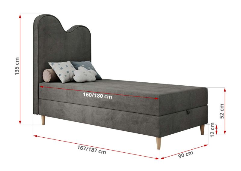 Łóżko młodzieżowe MKS Meble FLOW 90x180 H3 ciemnoszary welwet topper Visco 1szt.