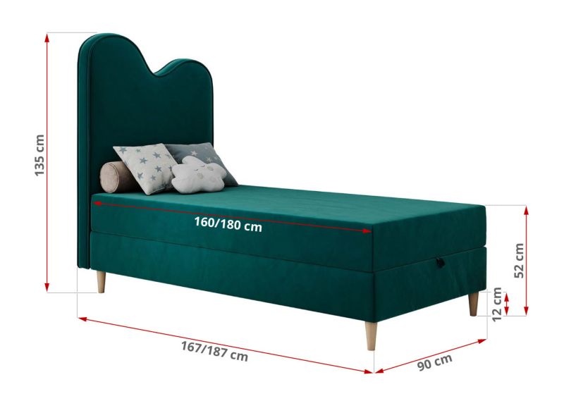 Łóżko młodzieżowe MKS Meble FLOW 90x180 H3 ciemnozielony welwet topper T25 1szt.