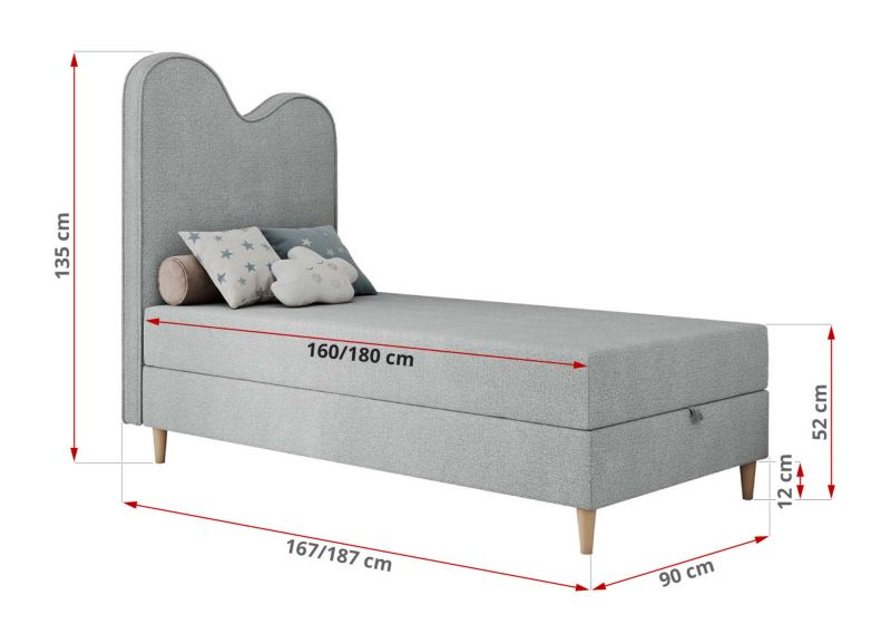 Łóżko młodzieżowe MKS Meble FLOW 90x180 H3 jasnoszary struktura topper Visco 1szt.