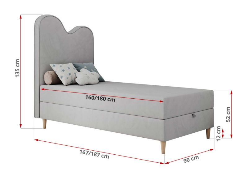 Łóżko młodzieżowe MKS Meble FLOW 90x180 H3 jasnoszary welwet topper Visco 1szt.