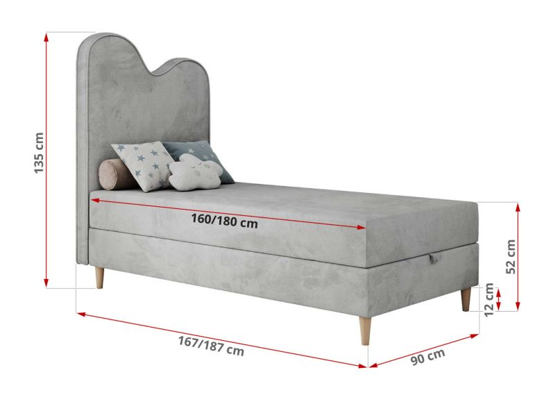 Łóżko młodzieżowe MKS Meble FLOW 90x180 H3 jasnoszary welwet topper Visco 1szt.