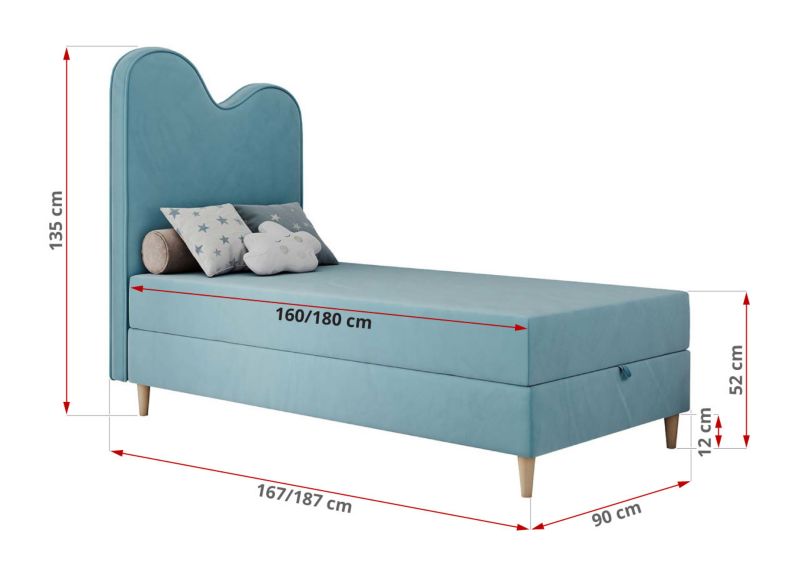Łóżko młodzieżowe MKS Meble FLOW 90x180 H3 niebieski welwet topper T25 1szt.